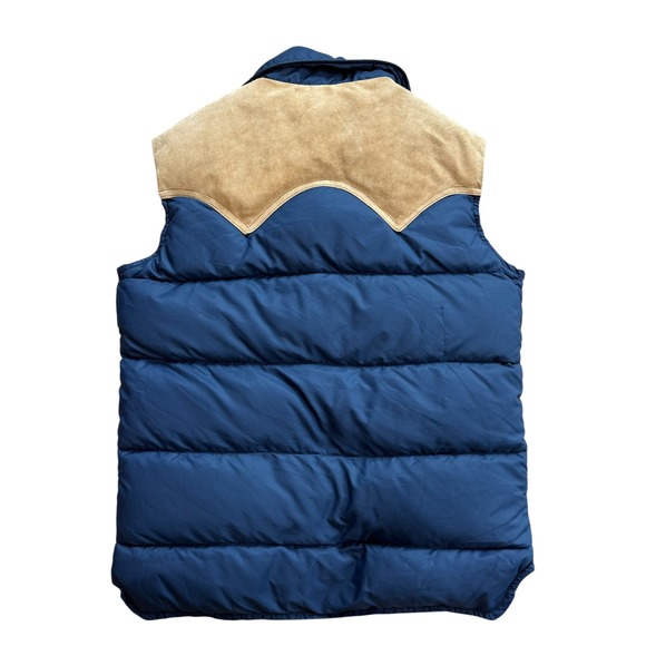 Woolrich Vintage Navy Blue Down Puffer Vest Leather Suede Western Yoke Medium - Picture 2 of 9